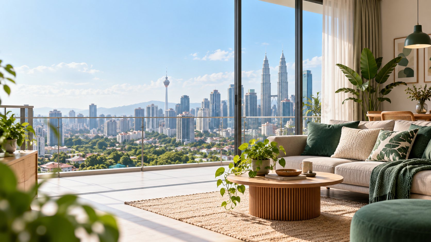 Bright Kuala Lumpur condominium living room with a view of the city skyline